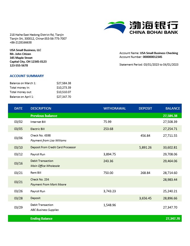 Modèle Word et PDF de déclaration commerciale de la China Bohai Bank